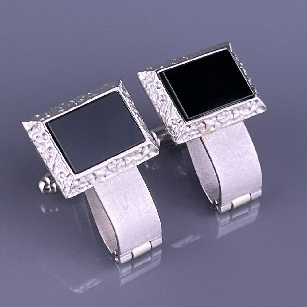Black Obsidian Wrap Around Cufflinks Silver Tone Modernist Dante Vintage